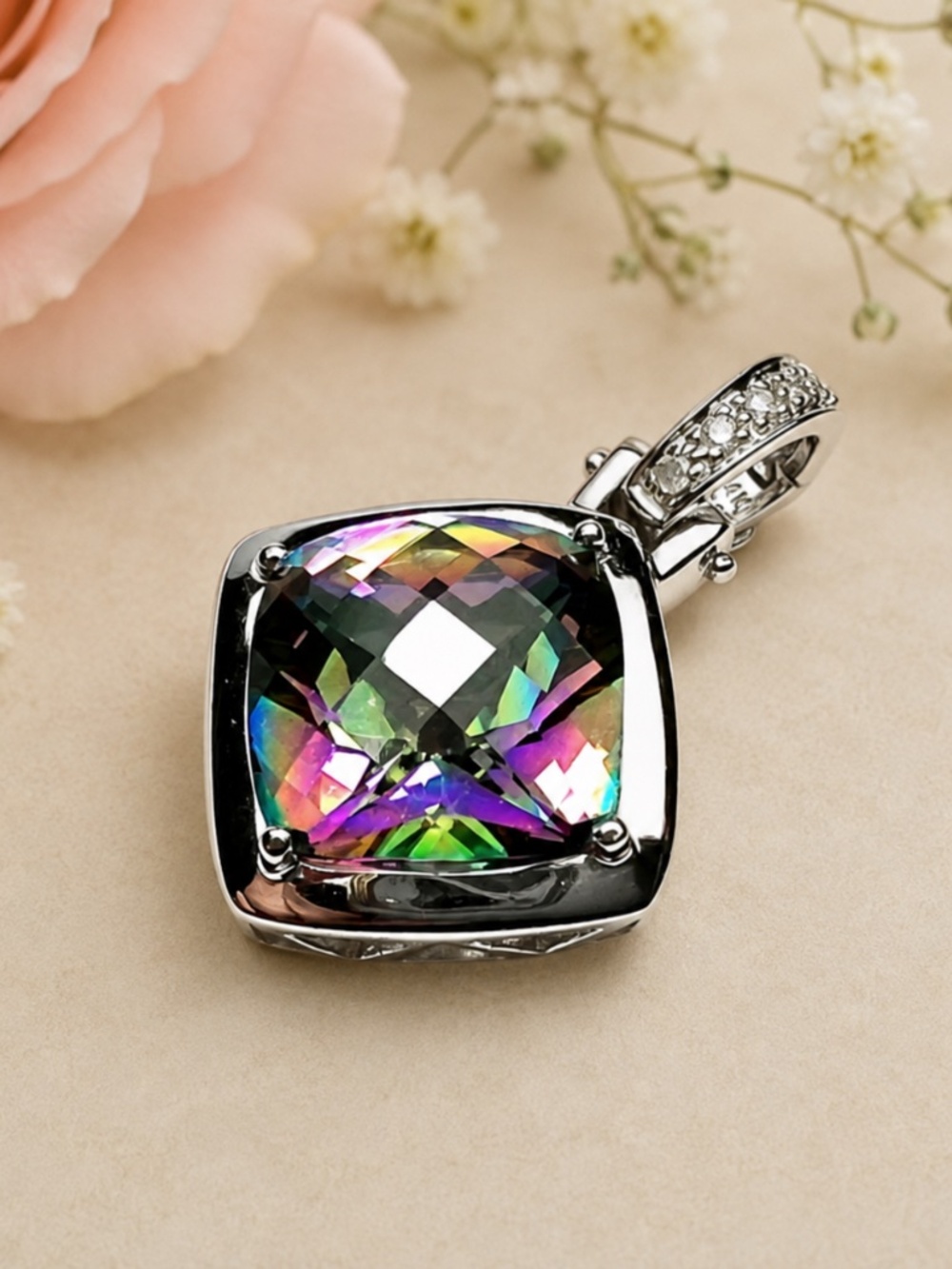 Large Natural Mystic Topaz Pendant Enhancer Solid 14k White Gold,  No Chain